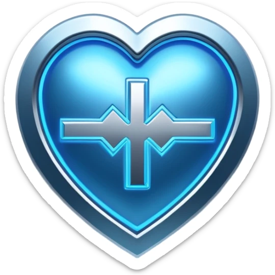 Futuristic premium medical AI logo emoji, sleek metallic heart or shield, ECG line forming stylized letters AI, neon blue and silver, 3D effect, glowing edges, minimal but bold, tech-savvy, high-tech healthcare branding, instantly recognizable, viral-ready, vector flat style with subtle shadows sticker