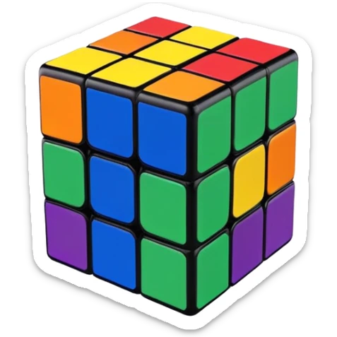 A 3x3 Rubik's Cube with rainbow colors: purple, blue, green, yellow, orange, red, minimalist iOS emoji style sticker