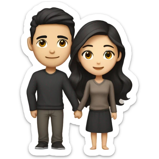 A half pale Asian man with short dark hair and amber eyes embracing and loving a half Asian woman with long wavy dark hair and dark hazel eyes. They love each other a lot And have good fashion taste. sticker