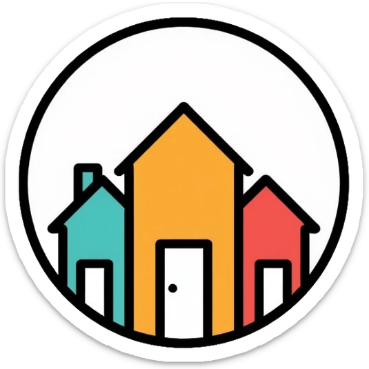 Community of houses in a circle, minimalist homelessness support logo sticker