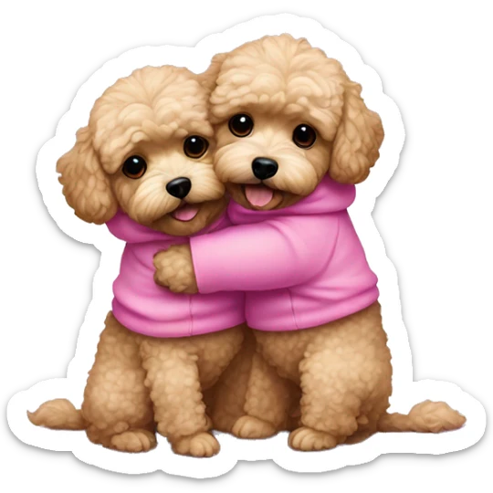 2 dark maltipoo dogs hugging, one wearing a pink sweatshirt and the other wearing a blue one sticker