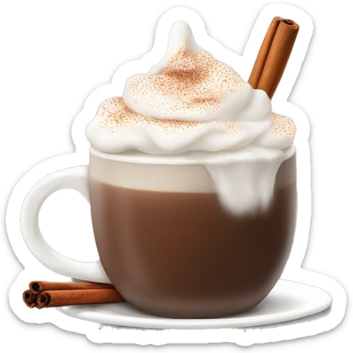 A steaming cup of hot chocolate topped with whipped cream and a sprinkle of cinnamon sticker