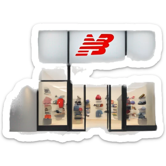 “New Balance store exterior with a clean, modern facade, the iconic ‘N’ logo, large windows showcasing athletic footwear, and a minimalist entrance.” sticker
