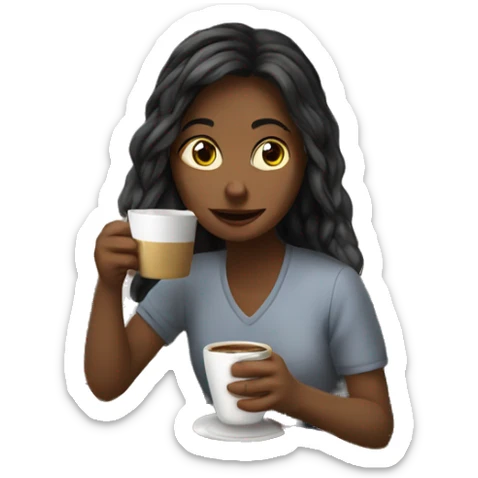 The girl is drinking coffee with zifirki and looking at the laptop sticker