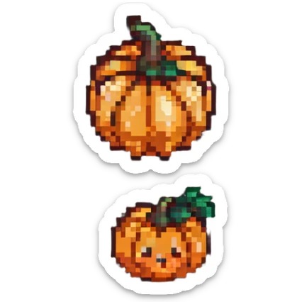 heart with a small mushroom on the left and a pumpkin on the right, vibrant colors, pixel art style sticker