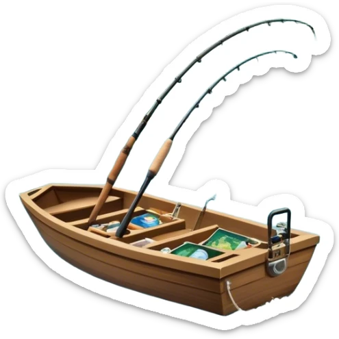 Icon for Fishing Travel: a boat on a calm lake surrounded by mountains and lush greenery, with fish jumping out of the water, a fishing rod, tackle box. The icon should capture the peaceful and adventurous nature of fishing trips. Transparent background. sticker