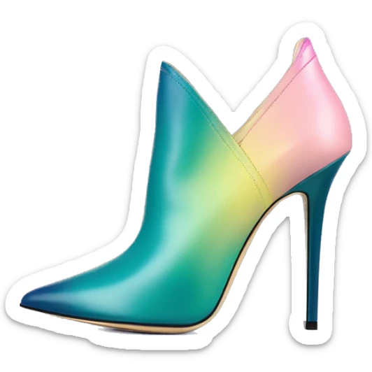 Realistic isolated top view of a pair of dark teal,pastel pink,pastel purple,and yellow ombre Jimmy Choo stiletto peep toe ankle boots. sticker