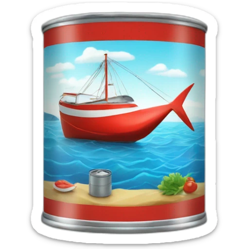 realistic can of tuna fish sowing the shape of a sailling boat on a sea background sticker