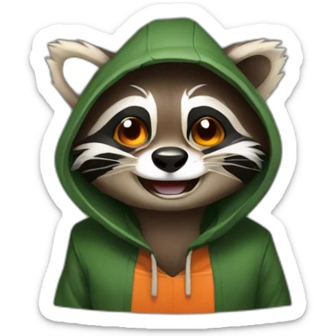 brown raccoon with orange eyes and a dark green hood that is laughing sticker