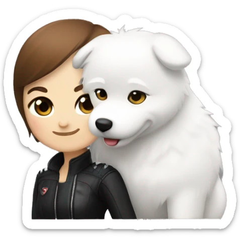 Girl biker white skin and brown short hair with a agv black helmet hugging a white Samoyed sticker