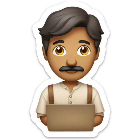 brown indian employ with mustach in casual dress with laptop sticker