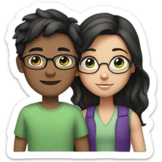 boy and girl hugging each other. the boy is white with green eyes, has black wavy hair and wearing glasses. the girl has brown eyes, and medium-short straight hair dyed in purple, no glasses. sticker