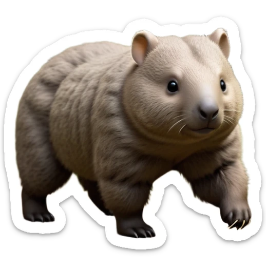 cinematic-stout wombat-realistic-fluffy full-body-waddling-emoji,-stout-muscular-frame-covered-in-coarse-brown-fur,-short-powerful-legs-trotting-determinedly-through-bushland,-round-dark-eyes-filled-with-calm-confidence,-tiny-rounded-ears-twitching-slightly,-strong-digging-claws-visible-on-sturdy-paws,-simplified-yet-realistic-focused-features,-highly-detailed,-glowing-with-a-subtle-earthy-glow sticker