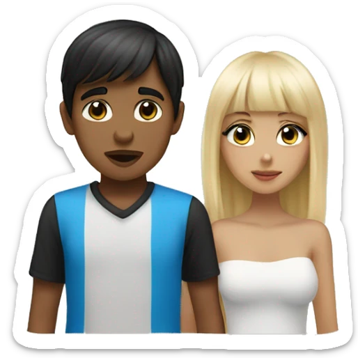 Tan skin girl with black hair and bangs, white skin boy with blonde hair and blue eyes, kissing sticker
