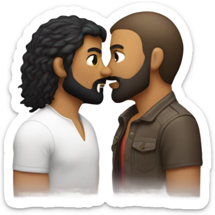 Gay couple, one white with black beard and mullet hair other brownish sking, they are kissing sticker