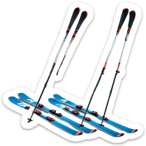 An icon featuring a pair of skis and ski poles in the foreground, set against a picturesque snow-covered slope. The background includes snowy peaks and evergreen trees, symbolizing the excitement and beauty of winter sports. Transparent background highlights the thrill of skiing and snowboarding. sticker