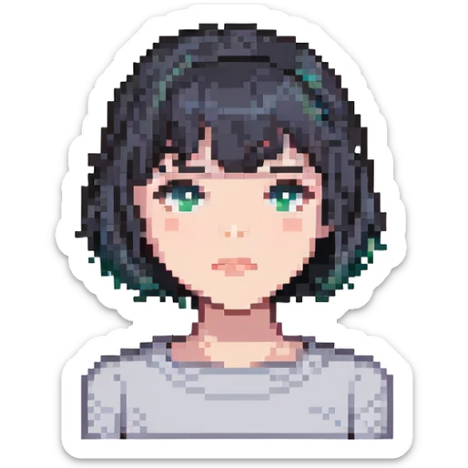 girl with short black hair, bob, with a white strand and gray eyes sticker