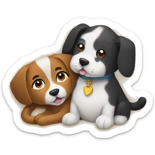 Generate an emoji of a cat and dog cuddling together on a fluffy rug, surrounded by cozy pillows, giving a warm and inviting vibe. sticker