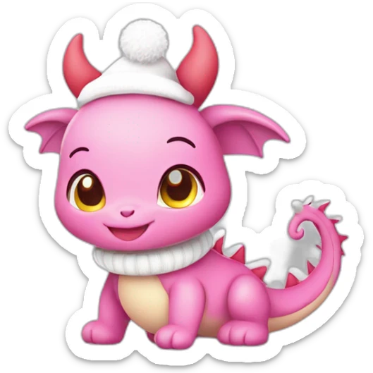 cute, little Pink dragon, in sweater and Christmas hat. adorable happy kawaii style, colorful, clear outline, vector, simple white background, 8k, 3:2 sticker