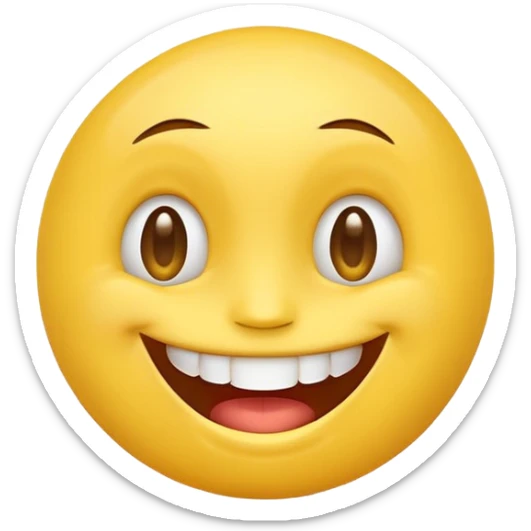 A smiling yellow face emoji with wide open eyes and a big, cheerful smile showing upper teeth, glossy and smooth shading, bright colors, clean and simple design in the style of Apple iOS emoji set, high resolution, vector style sticker