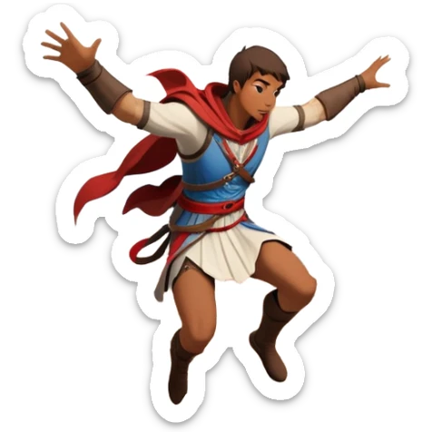 An icon featuring a hero performing a leap of faith from a tower in Florence, inspired by adventure games like Assassin's Creed. The design captures the dramatic moment mid-air, with detailed architecture and a bustling city below. Transparent background sticker