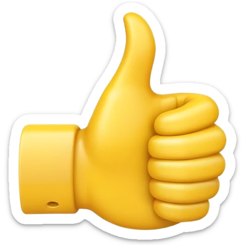 Apple-style 3D illustration of a single yellow emoji hand giving a thumbs up gesture, glossy and rounded, centered on a clean white background, soft shadow underneath, isolated and minimal design sticker