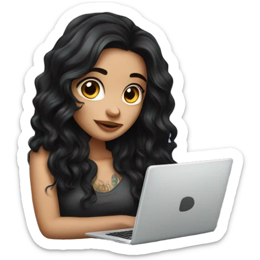 beautiful girl with tattoos, with long black hair, wavy hair, with laptop sticker