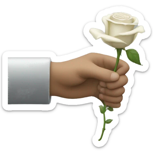 a hand coming out from the bottom of the screen, showing the back of his hand, which is holding a white rose from the stem sticker