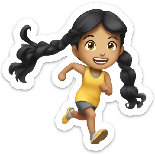 asian girl child running with black hair wavy, black eyes sticker