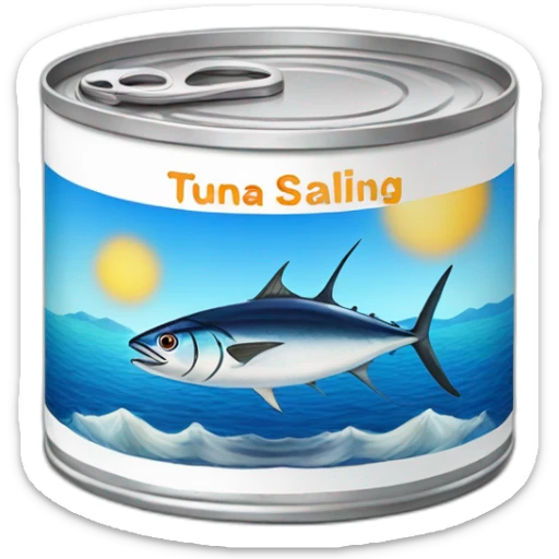 Realistic small can of tuna showing a blue sailling boat on a sea background sticker
