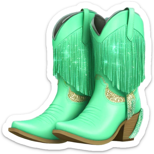 Realistic mint green fashion cowgirl boots with sparkly shiny glitter fringe on them. sticker