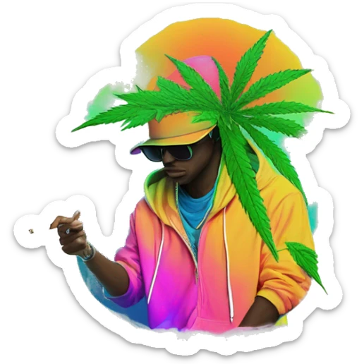 Hemp leaves Multicoloured neon person smoking wearing hoodie dancing hip hop bucket hat tropical Skater fashion aesthetic baggy clothes graphic t shirt 420 sticker