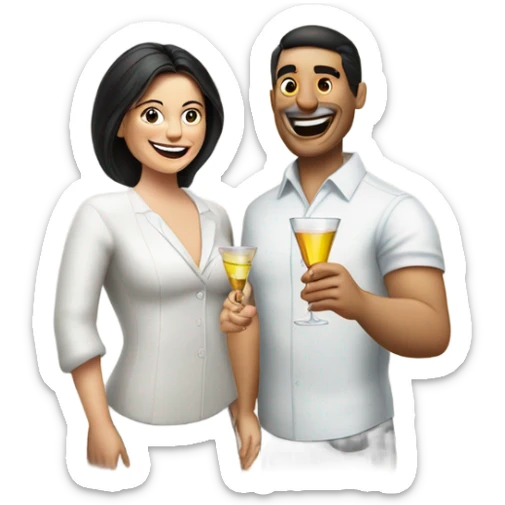 Mexican man and white woman holing a pill in one hand and a glass of martini in the other hand smiling and cheering sticker