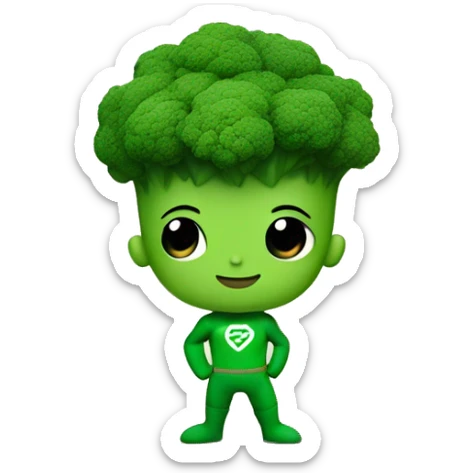 kawaii cute mini superhero with green clothes and a broccolis as hair,  full body saying hello sticker