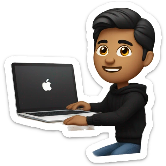     memoji of a man with a laptop in front, apple-style,modern,dark hair,black sweater,computer in hand, indian brown skin, sitting on his desk sticker