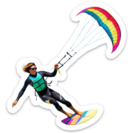 A vibrant kite soaring high in the sky, attached to a kiteboarder riding the waves below. The scene is filled with bright colors, capturing the energy of the sport. The background features the ocean, wind-blown waves, and a clear sky, showcasing the excitement and freedom of kiting. sticker
