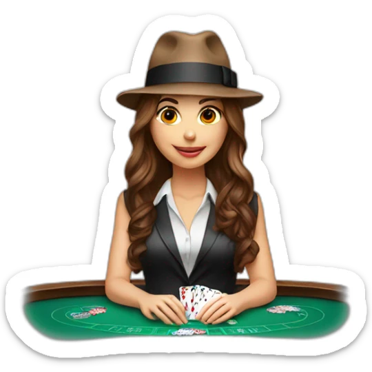 female with brown wavy hair playing poker with a poker dealer hat sticker