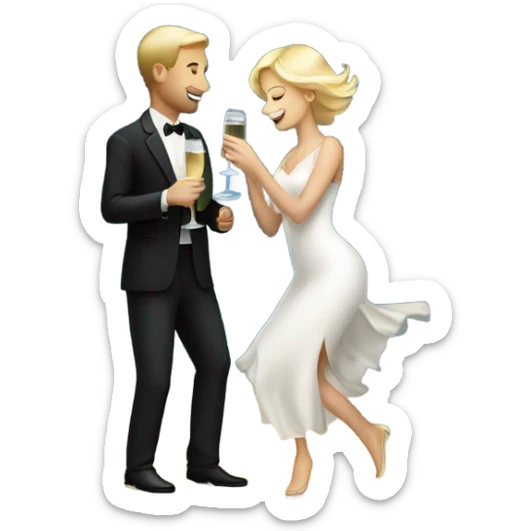 A white man and a blonde woman dansing with a cup of champagne by night sticker