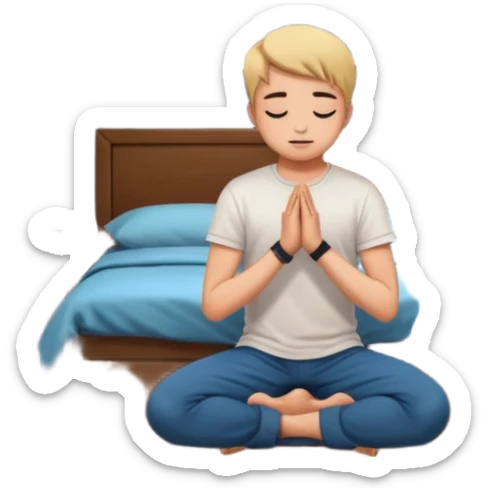 Gen Z youth kneeling in bedroom at night, praying, phone on nightstand, casual wear, posters on wall sticker
