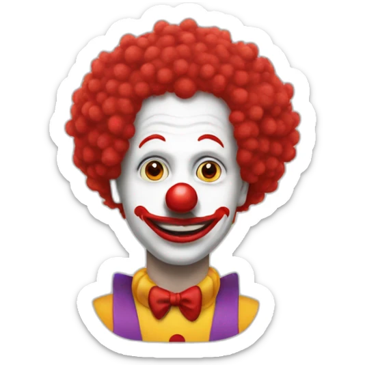 a man in a clown costume wearing clown makeup, a big round red nose and wearing a red afro wig sticker