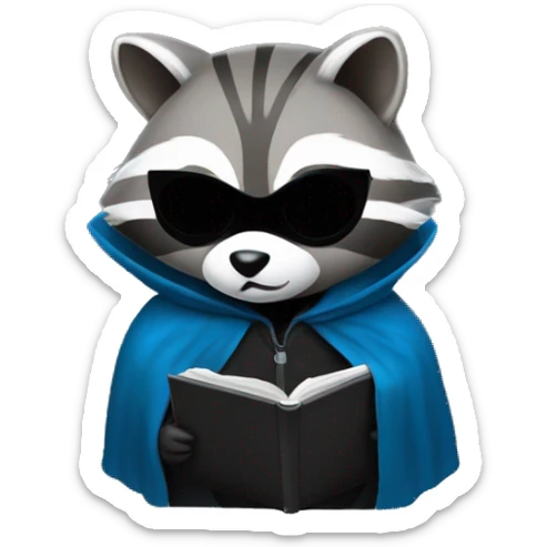 A raccoon with a blue mask over his eyes that doesn't cover the rest of his body, in a black cloak, holding a laptop and writing something on it sticker