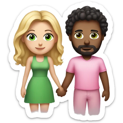 Curvy woman with long blonde hair and green eyes wearing a pink dress holding hands with a tall brown man with dark short curly hair and glasses sticker