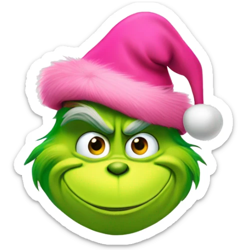 Grinch wearing pink Christmas hat with a smile and pink heart eyes sticker