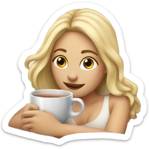 Blonde girl laying in bed with cup of tea and laptop sticker