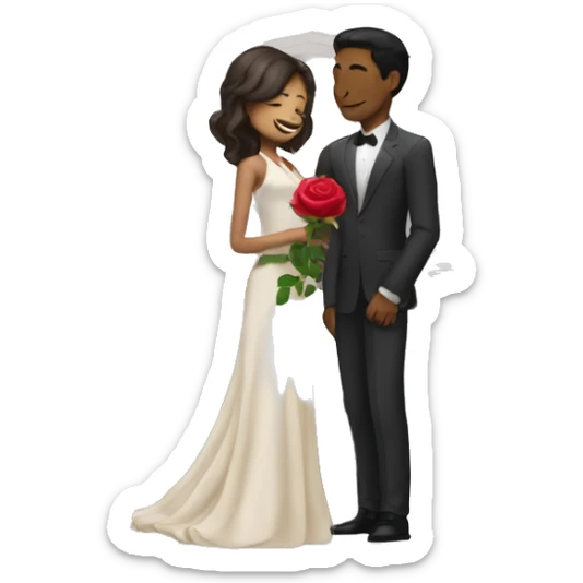 A girl wearing a suit holding a  rose and purposing a tall dusky guy infront of a temple  sticker