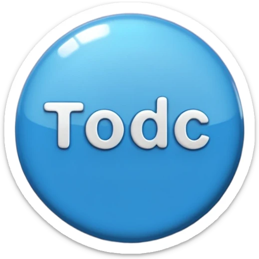A glossy, three-dimensional emoji pin badge showing the text "TODOC". The font is modern, rounded, sans-serif, and colored in a professional medical blue. The badge has soft edges and reflections, in the style of Apple emojis. White background. sticker