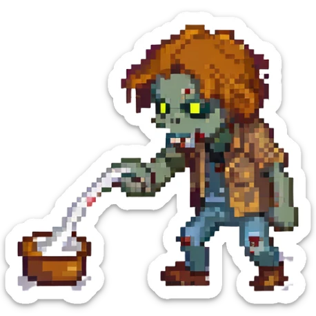 A zombie Leo  sniffing white powder with a background lab in the style of a pixel art sticker