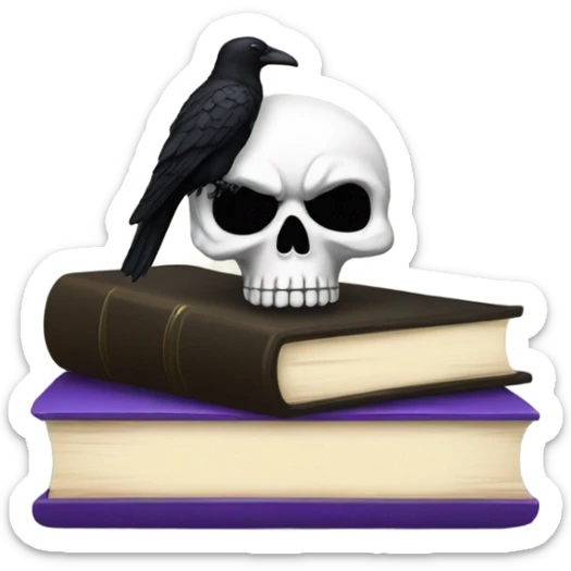 Skull with a bow on the top of the head on top of books with a black raven sticker