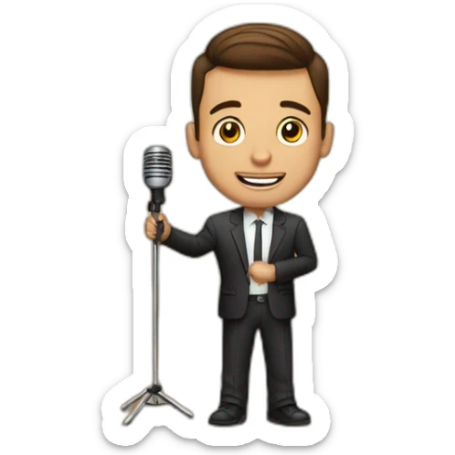  men with brown hair and light skin with microphone stand in front of him with show spotlights on a stage and many lights and spotlights on a raised theater stage sticker