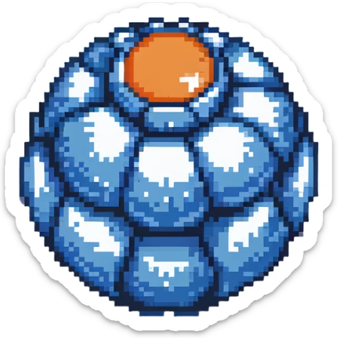 Blue digital bomb with curly blue fuse on top, round bomb body with blue highlights and details, pixel art style sticker
